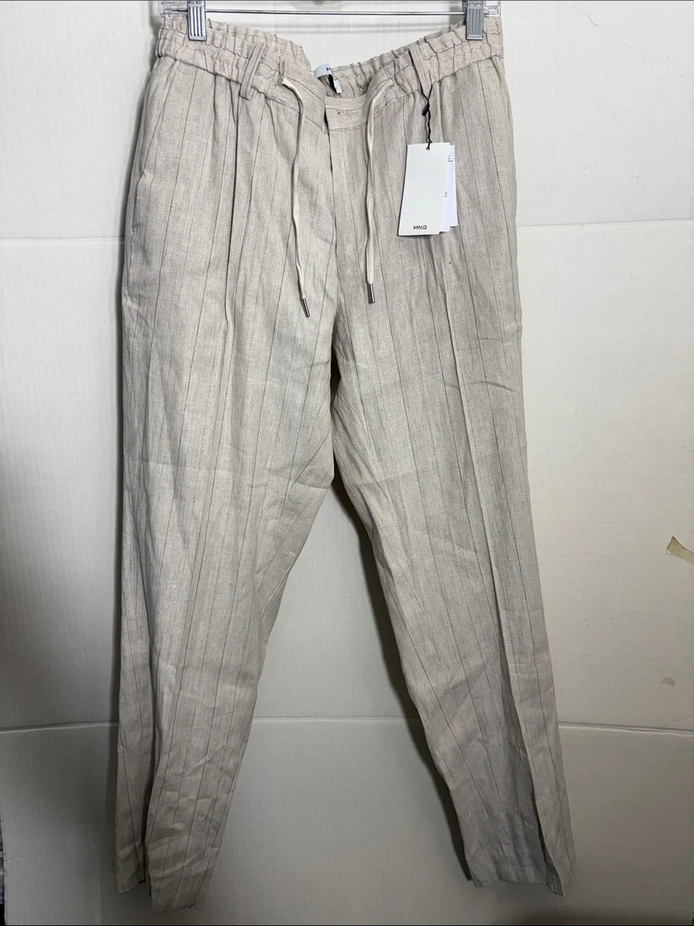 Mango Men’s Light Beige Pinstripe Drawstring Joggers STRIPED SLIM-FIT LINEN